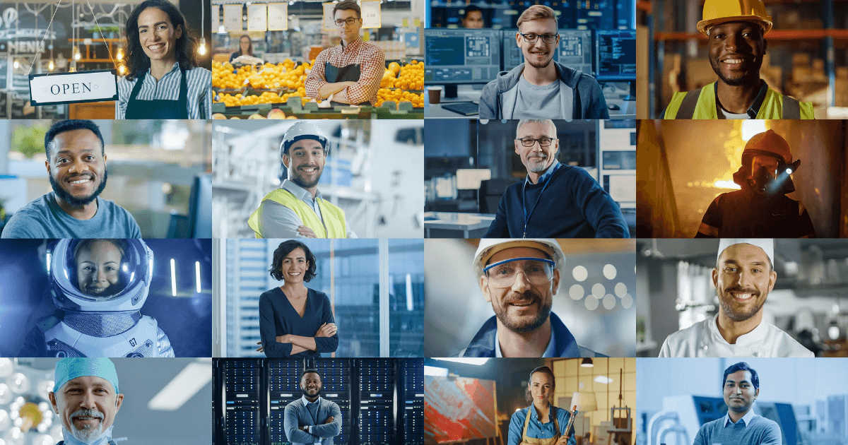 Montagem com profissionais de diferentes áreas, representando a diversidade de ocupações listadas na CBO – Classificação Brasileira de Ocupações.