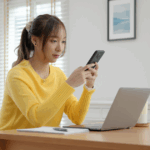 Mulher usando chatbot no WhatsApp pelo celular, em ambiente de home office com notebook e bloco de anotações sobre a mesa.