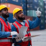 Profissionais de logística analisando containers em porto, representando o papel do freight forwarder na gestão eficiente da cadeia internacional com apoio de ERP.