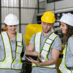 Trabalhadores com capacetes e coletes de segurança analisando dados em tablet dentro de indústria, representando práticas de segurança no trabalho conforme a NR-9.